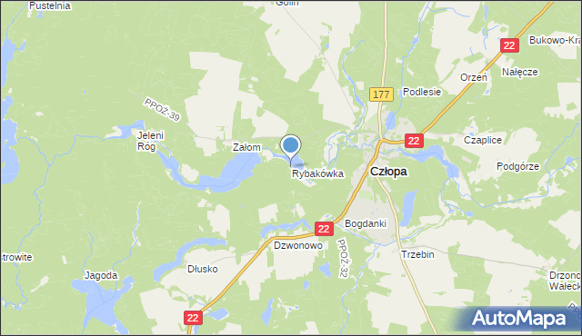 mapa Rybakówka, Rybakówka gmina Człopa na mapie Targeo