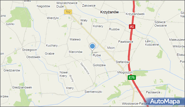 mapa Rybie, Rybie gmina Krzyżanów na mapie Targeo