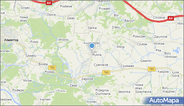 mapa Rybna, Rybna gmina Czernichów na mapie Targeo