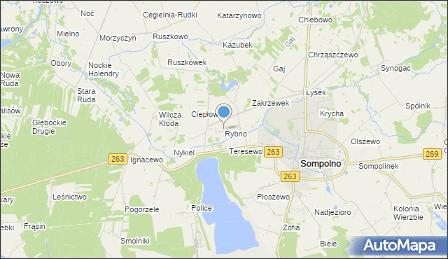 mapa Rybno, Rybno gmina Wierzbinek na mapie Targeo