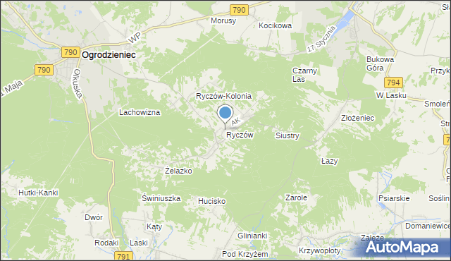 mapa Ryczów, Ryczów gmina Ogrodzieniec na mapie Targeo