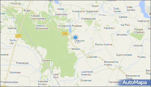 mapa Rysiny, Rysiny gmina Kłodawa na mapie Targeo