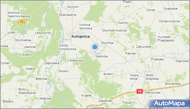 mapa Sabinów, Sabinów gmina Konopnica na mapie Targeo