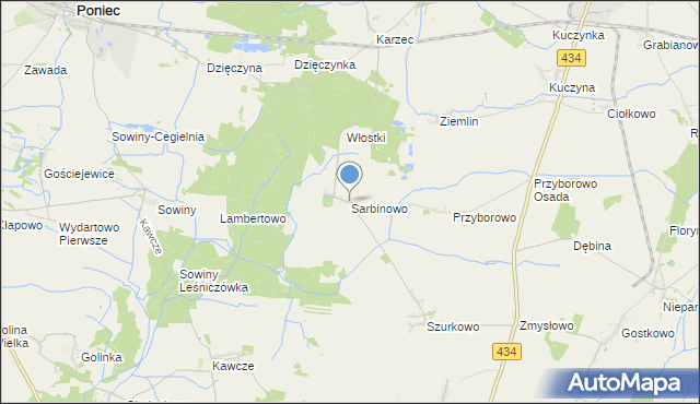 mapa Sarbinowo, Sarbinowo gmina Poniec na mapie Targeo