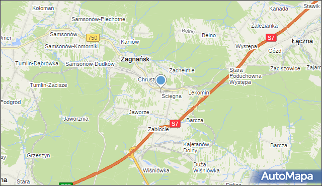 mapa Ścięgna, Ścięgna gmina Zagnańsk na mapie Targeo