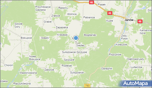 mapa Siedlec, Siedlec gmina Janów na mapie Targeo