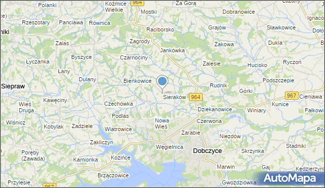 mapa Sieraków, Sieraków gmina Dobczyce na mapie Targeo