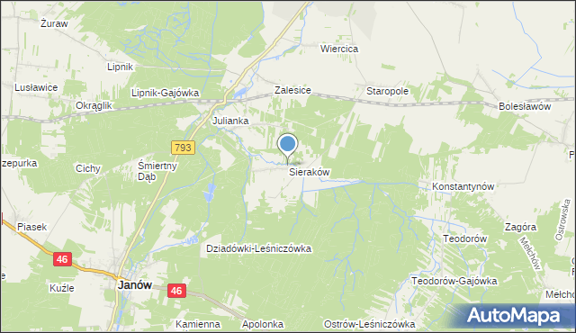 mapa Sieraków, Sieraków gmina Przyrów na mapie Targeo