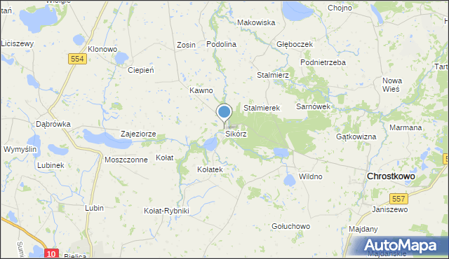 mapa Sikórz, Sikórz gmina Chrostkowo na mapie Targeo