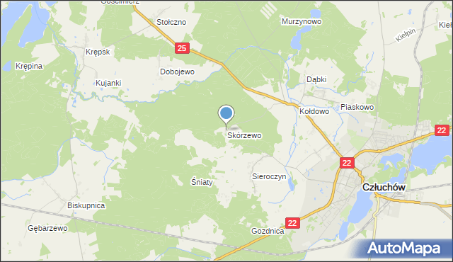 mapa Skórzewo, Skórzewo gmina Człuchów na mapie Targeo
