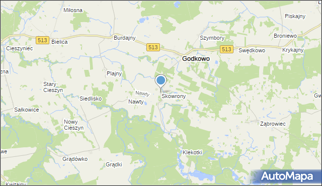 mapa Skowrony, Skowrony gmina Godkowo na mapie Targeo