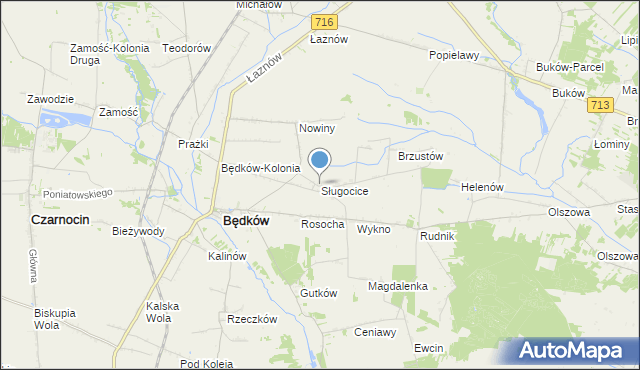 mapa Sługocice, Sługocice gmina Będków na mapie Targeo