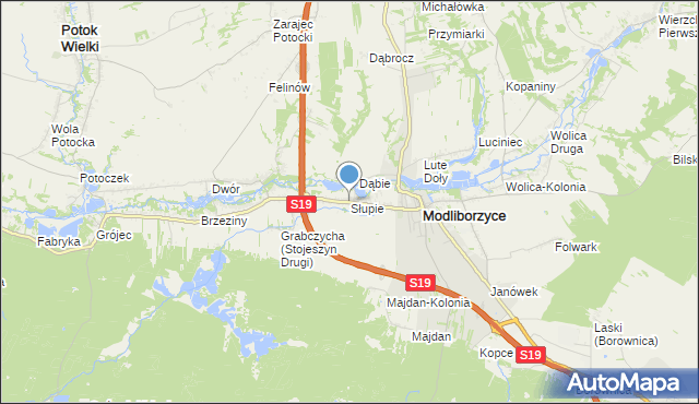 mapa Słupie, Słupie gmina Modliborzyce na mapie Targeo