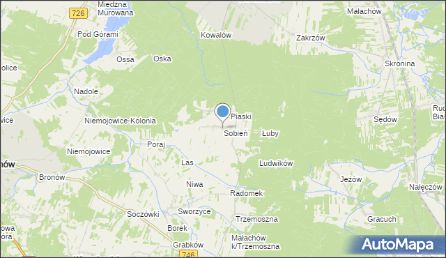 mapa Sobień, Sobień gmina Białaczów na mapie Targeo