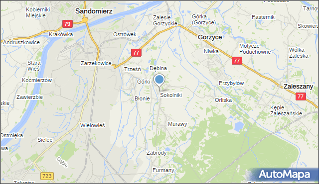 mapa Sokolniki, Sokolniki gmina Gorzyce na mapie Targeo