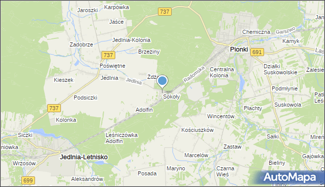 mapa Sokoły, Sokoły gmina Pionki na mapie Targeo