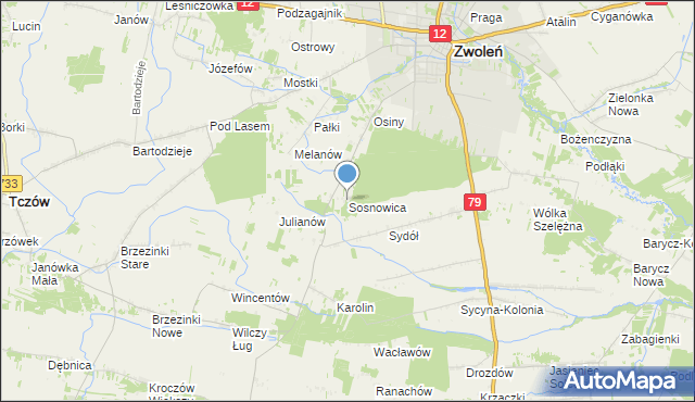 mapa Sosnowica, Sosnowica gmina Zwoleń na mapie Targeo