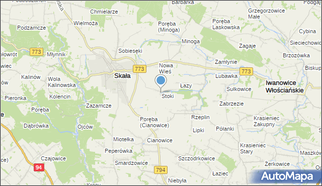 mapa Stoki, Stoki gmina Skała na mapie Targeo