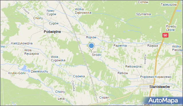 mapa Stróżki, Stróżki gmina Poświętne na mapie Targeo