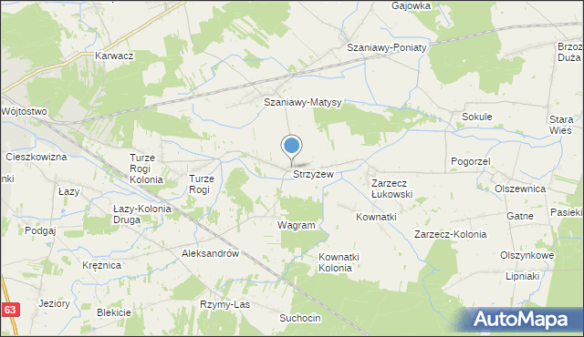 mapa Strzyżew, Strzyżew gmina Łuków na mapie Targeo