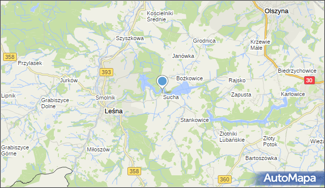 mapa Sucha, Sucha gmina Leśna na mapie Targeo