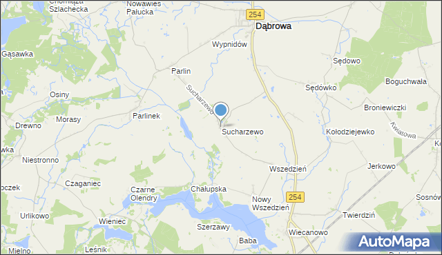 mapa Sucharzewo, Sucharzewo gmina Dąbrowa na mapie Targeo