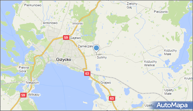 mapa Sulimy, Sulimy gmina Giżycko na mapie Targeo