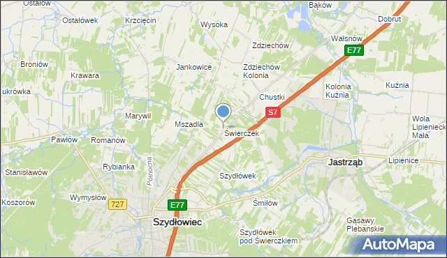 mapa Świerczek, Świerczek gmina Szydłowiec na mapie Targeo