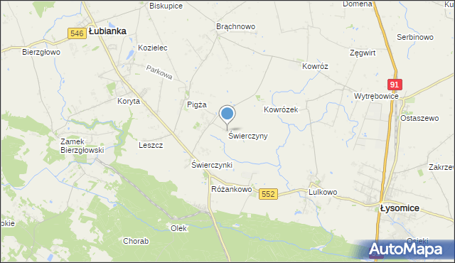 mapa Świerczyny, Świerczyny gmina Łysomice na mapie Targeo