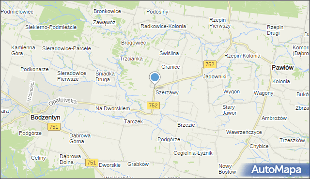 mapa Szerzawy, Szerzawy gmina Pawłów na mapie Targeo