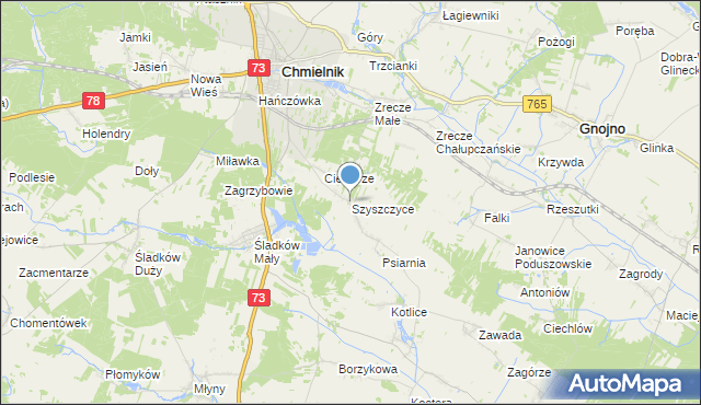 mapa Szyszczyce, Szyszczyce gmina Chmielnik na mapie Targeo