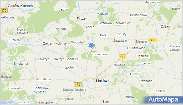 mapa Tomaszew, Tomaszew gmina Lisków na mapie Targeo