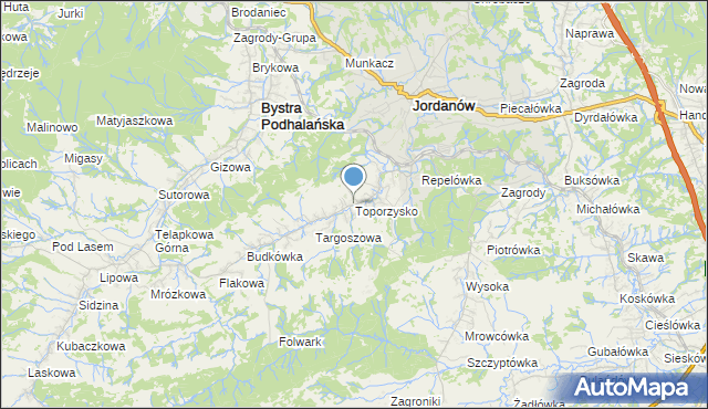 mapa Toporzysko, Toporzysko gmina Jordanów na mapie Targeo