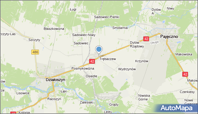 mapa Trębaczew, Trębaczew gmina Działoszyn na mapie Targeo