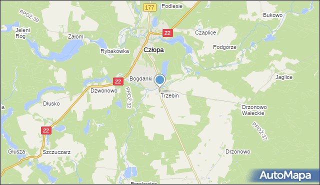 mapa Trzebin, Trzebin gmina Człopa na mapie Targeo