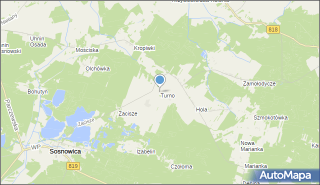 mapa Turno, Turno gmina Sosnowica na mapie Targeo