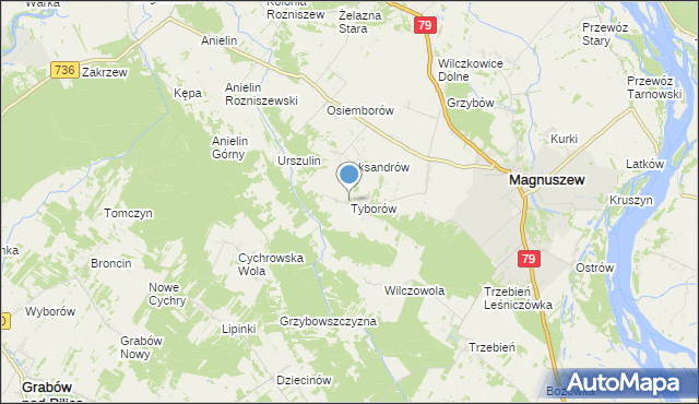 mapa Tyborów, Tyborów gmina Magnuszew na mapie Targeo