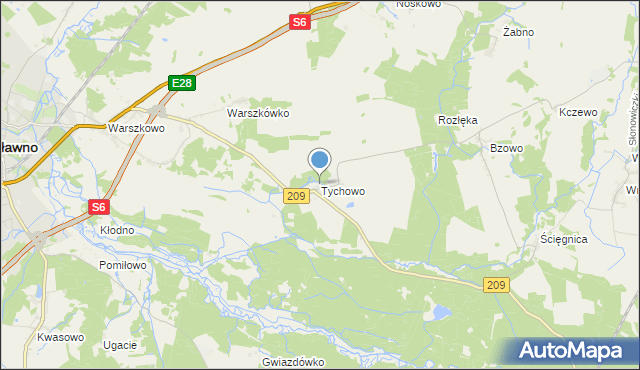 mapa Tychowo, Tychowo gmina Sławno na mapie Targeo