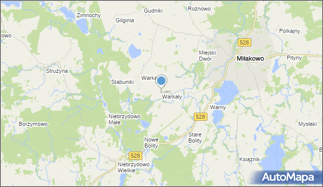 mapa Warkały, Warkały gmina Miłakowo na mapie Targeo