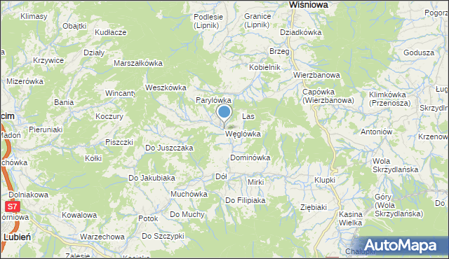 mapa Węglówka, Węglówka gmina Wiśniowa na mapie Targeo