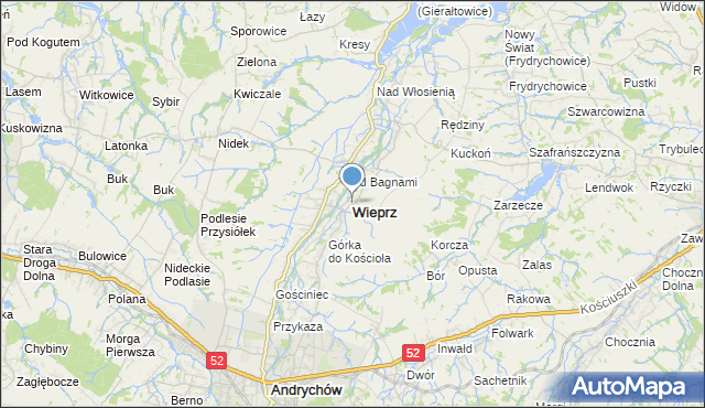 mapa Wieprz, Wieprz powiat wadowicki na mapie Targeo