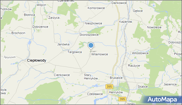 mapa Wilamowice, Wilamowice gmina Ciepłowody na mapie Targeo