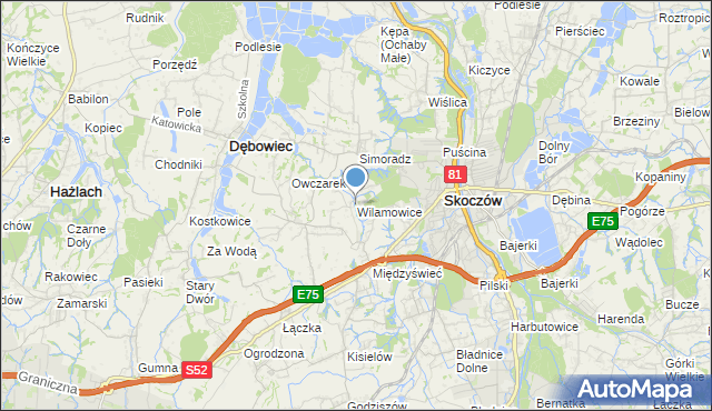 mapa Wilamowice, Wilamowice gmina Skoczów na mapie Targeo