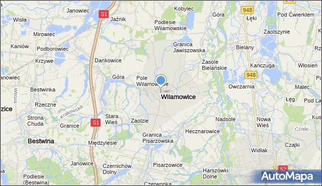 mapa Wilamowice, Wilamowice powiat bielski na mapie Targeo