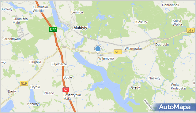 mapa Wilamowo, Wilamowo gmina Małdyty na mapie Targeo