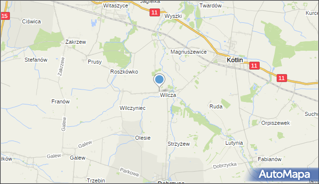 mapa Wilcza, Wilcza gmina Kotlin na mapie Targeo