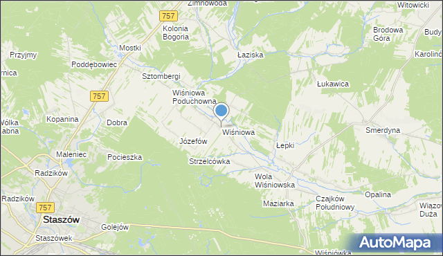 mapa Wiśniowa, Wiśniowa gmina Staszów na mapie Targeo