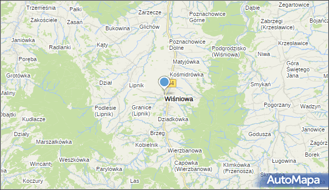 mapa Wiśniowa, Wiśniowa powiat myślenicki na mapie Targeo