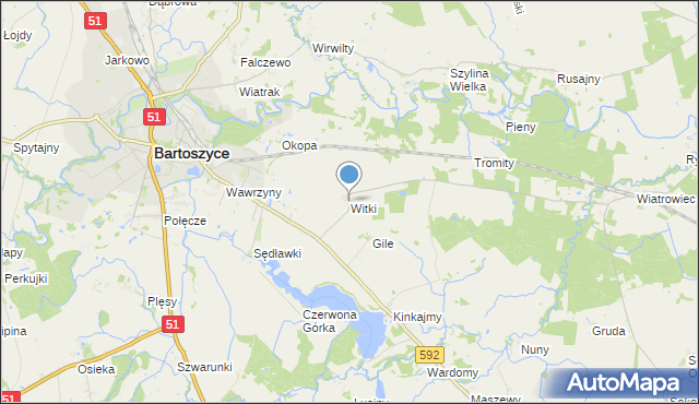 mapa Witki, Witki gmina Bartoszyce na mapie Targeo