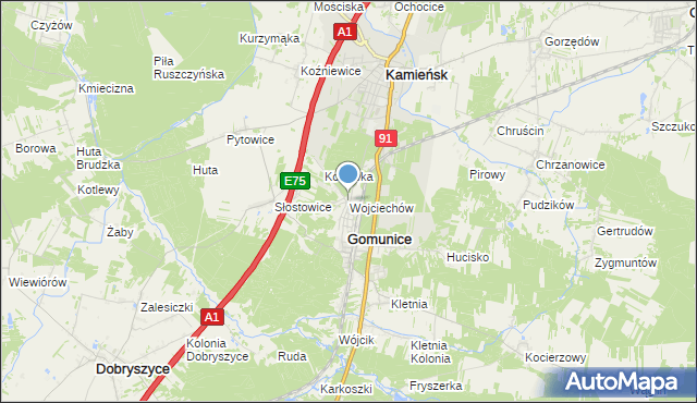 mapa Wojciechów, Wojciechów gmina Gomunice na mapie Targeo